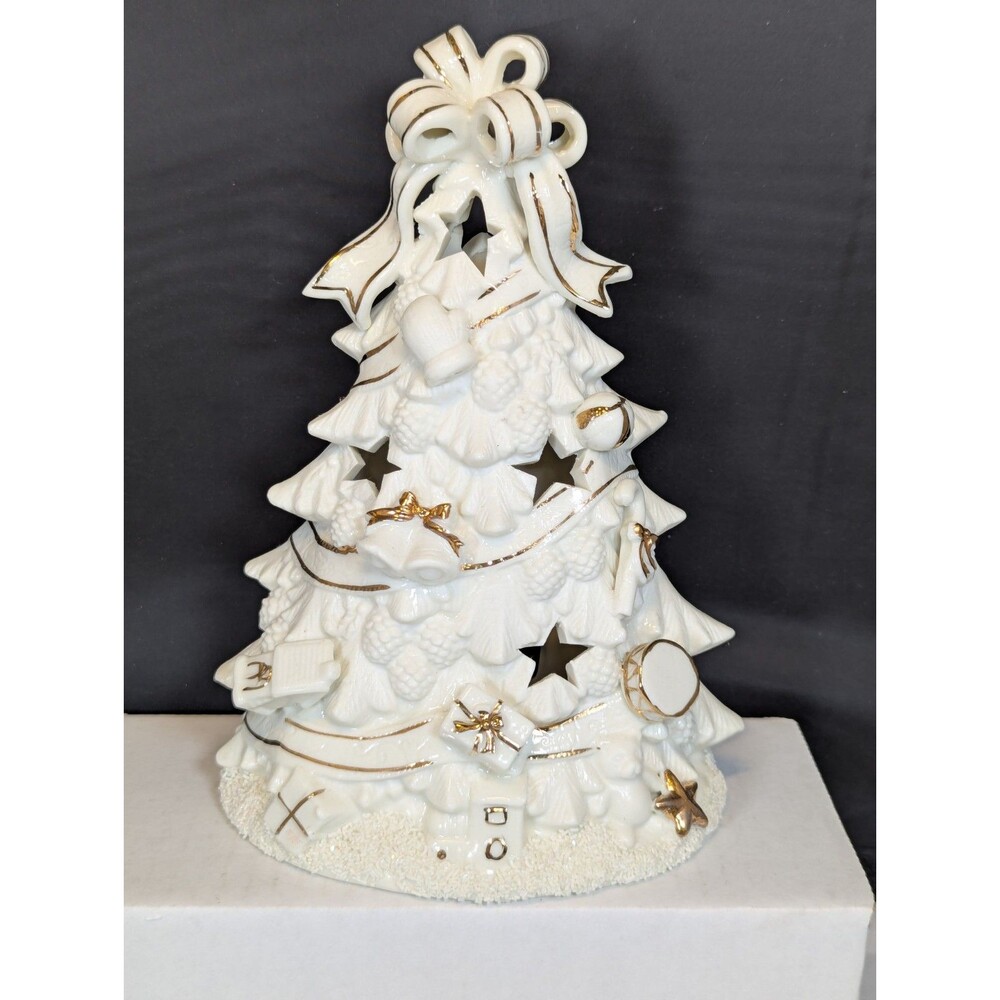 White Gold Ceramic Light Up Christmas Tree Accents Toys Stars 8 1/2" VTG